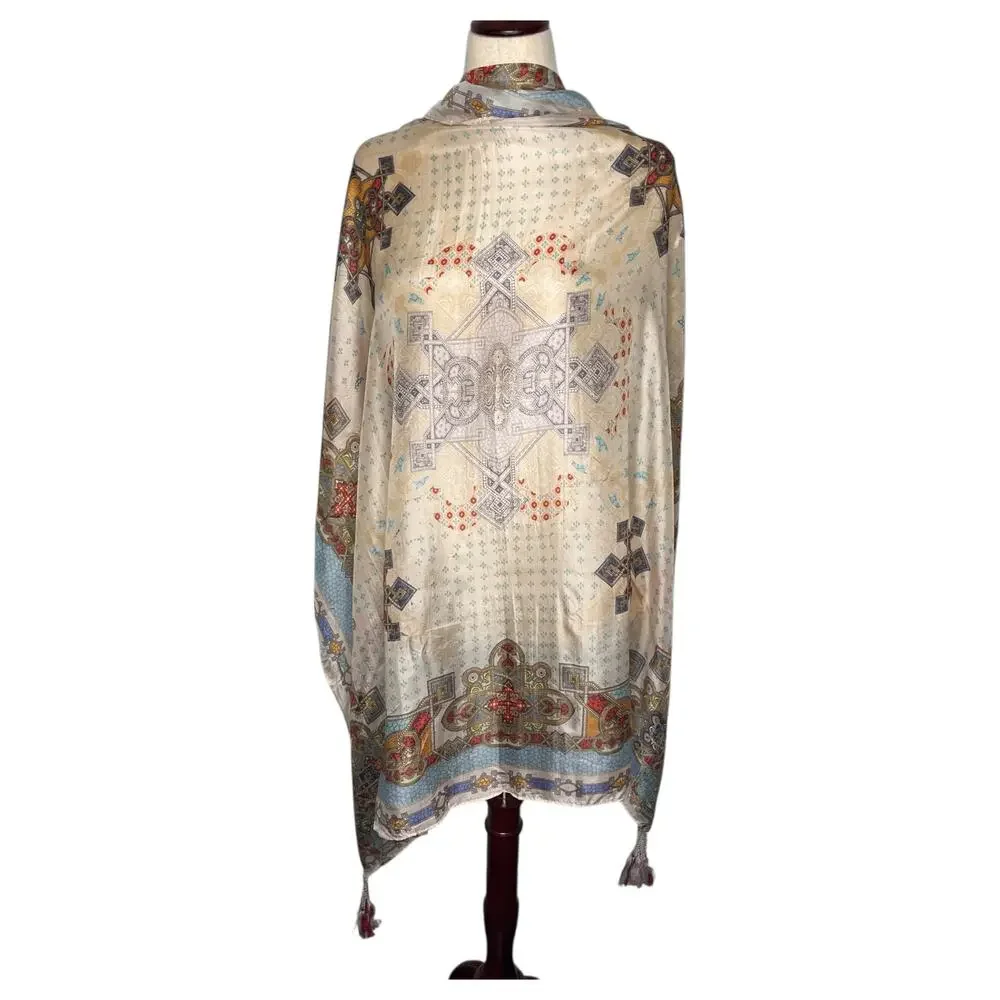 Johnny Was Silk Scarf Tassels Medallion Kaleidoscope Print Square 42x42 Blue